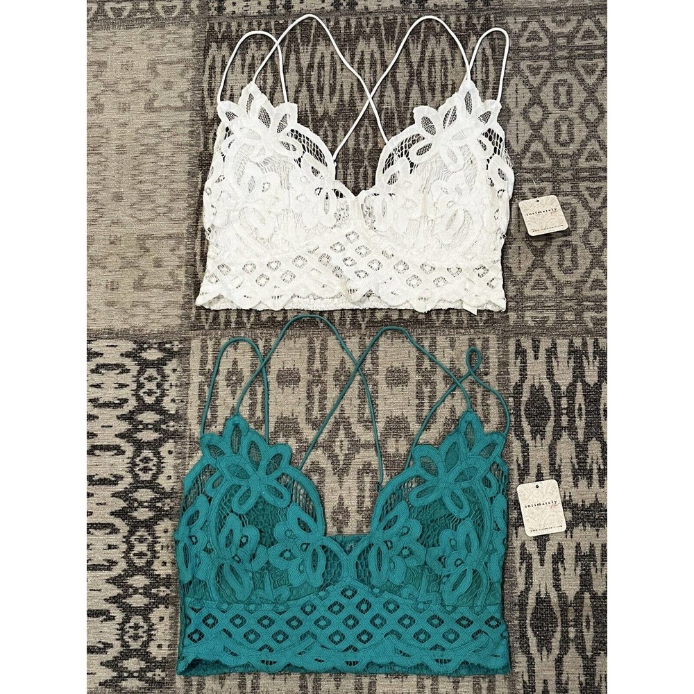 Lot 2 NEW FREE PEOPLE AQUA WHITE EVERYDAY LACE LONGLINE BRALETTE BRA Large NWT